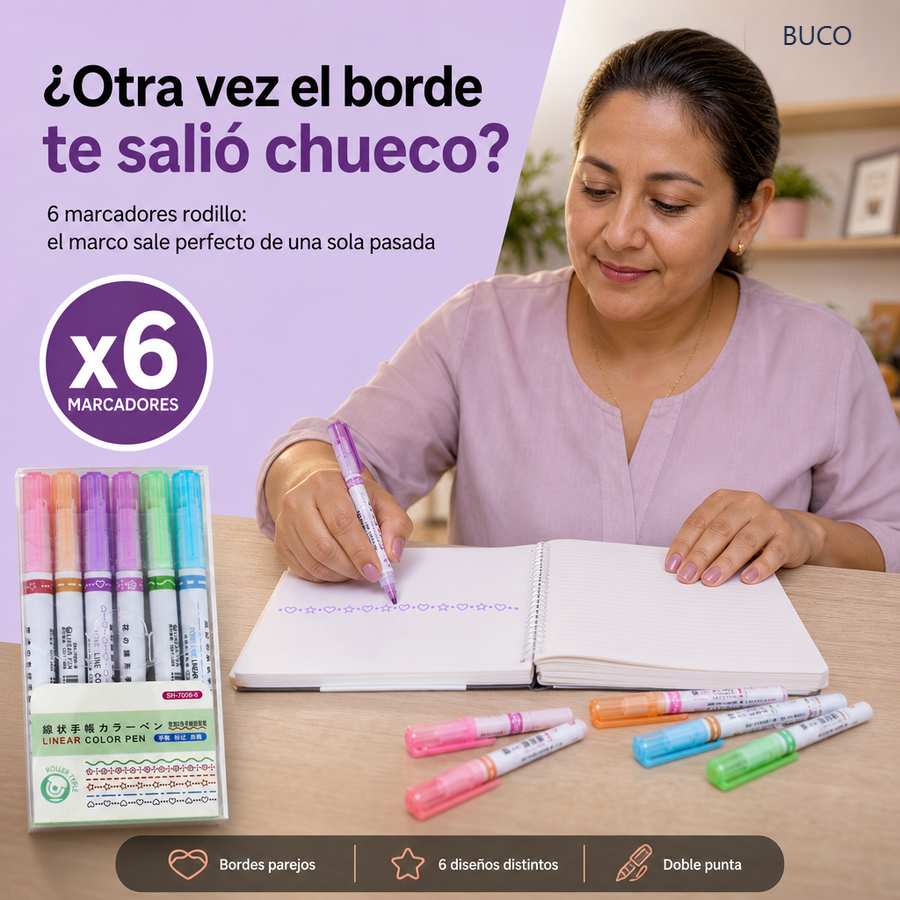 Marcadores Rodillo x6 - Bordes Perfectos en Un Solo Trazo